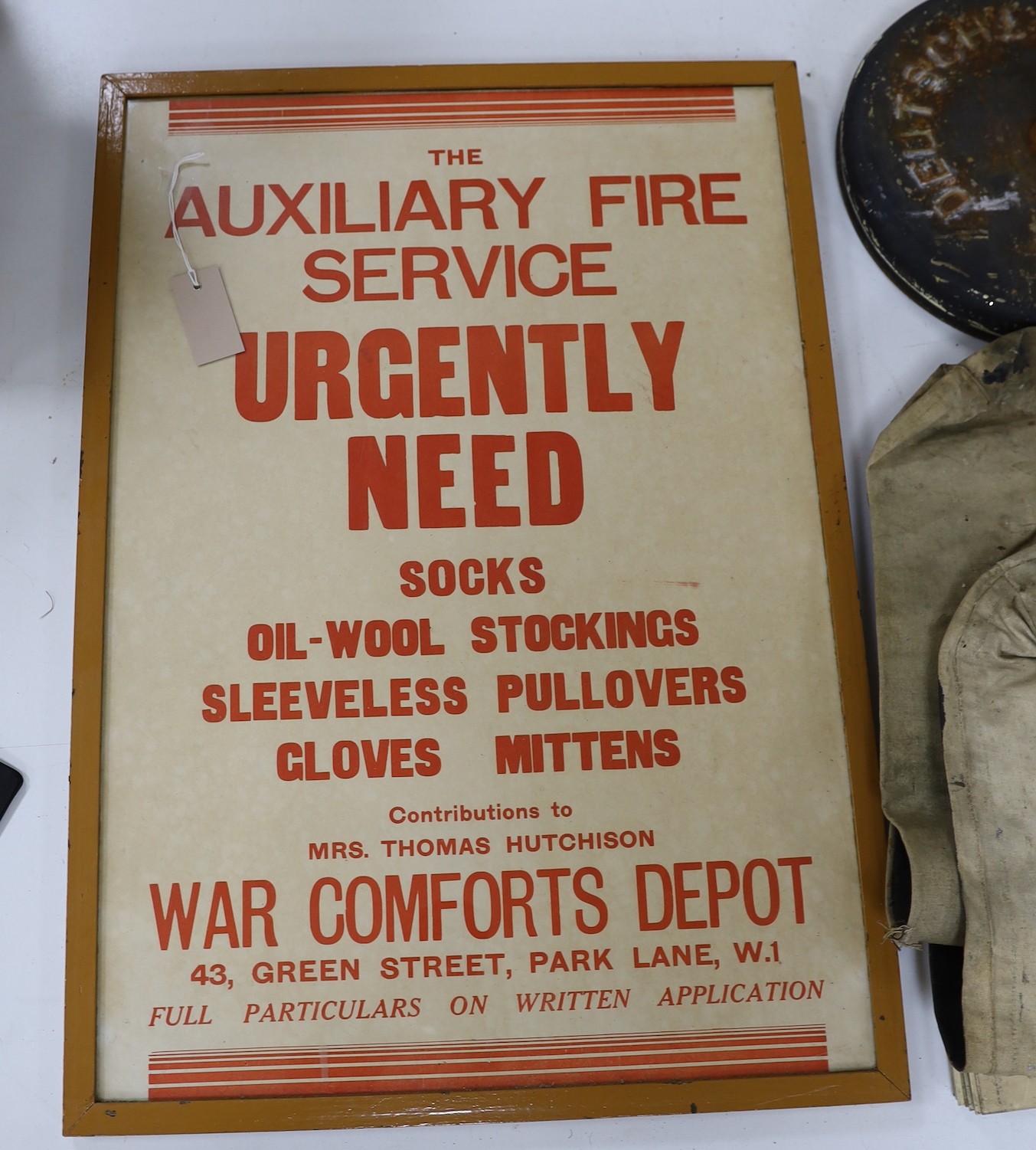 A framed Auxiliary Fire Service poster, 70 x 49cm, thirteen metal RMP Duty Room signs, two personalised canvas hold-alls and a German pole-stand, “Deutschland Erwache’